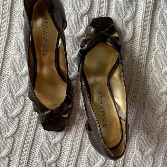 Brown Metallic Shiny Open Toe Heels - Picture 3 of 6